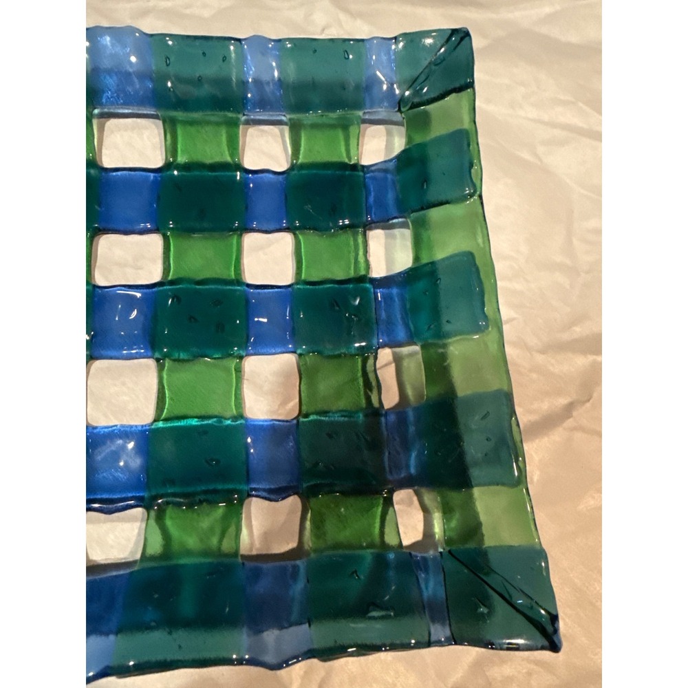 Handmade Fused‎ Glass Woven Lattice Platter Green Blue Plaid Decorative Tray 14" - Picture 3 of 6